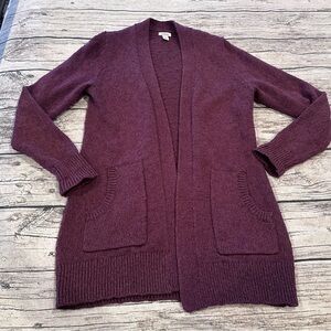 L.L. Bean Open-Front Long Cotton Ragg Cardigan in Deep Plum 100% Cotton Size S